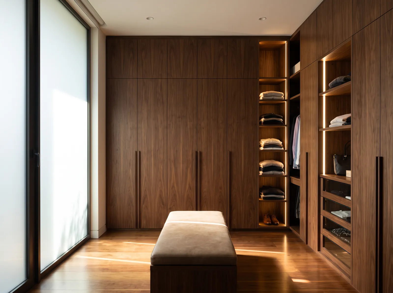 Dressing sur mesure en placage noyer avec éclairage intégré