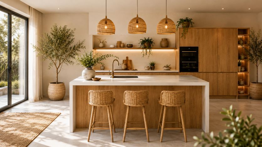 Cuisine sur mesure aux façades terracotta et caissons en chêne, conçue selon le principe Conceptomètre